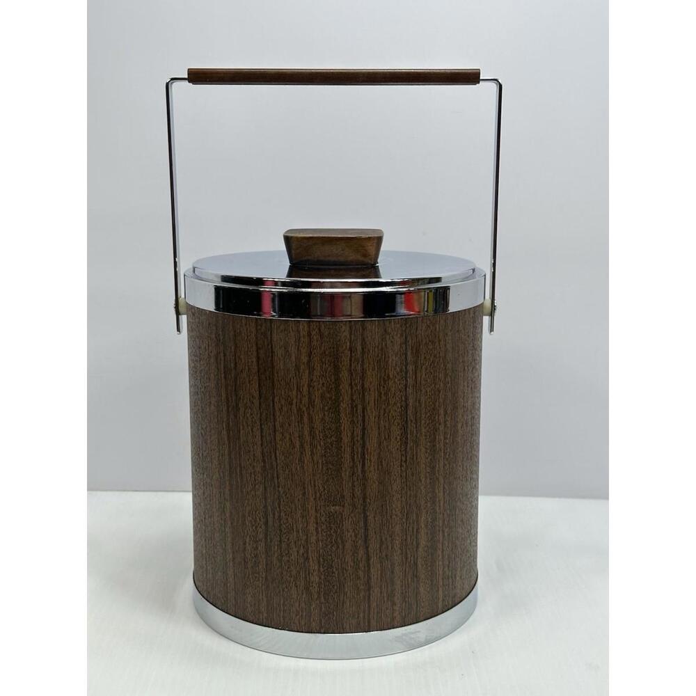 Vintage KROMEX USA 1960s Ice Bucket Wood Grain Chrome Metal Wood Handle Knob